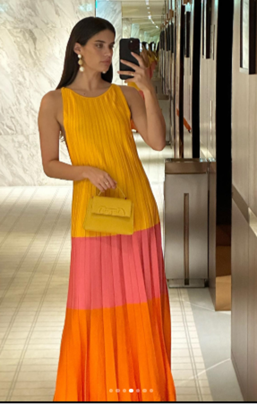 Carolina Herrera Colorblock Pleated Knit Maxi Dress Yellow Pink Orange Women XXL